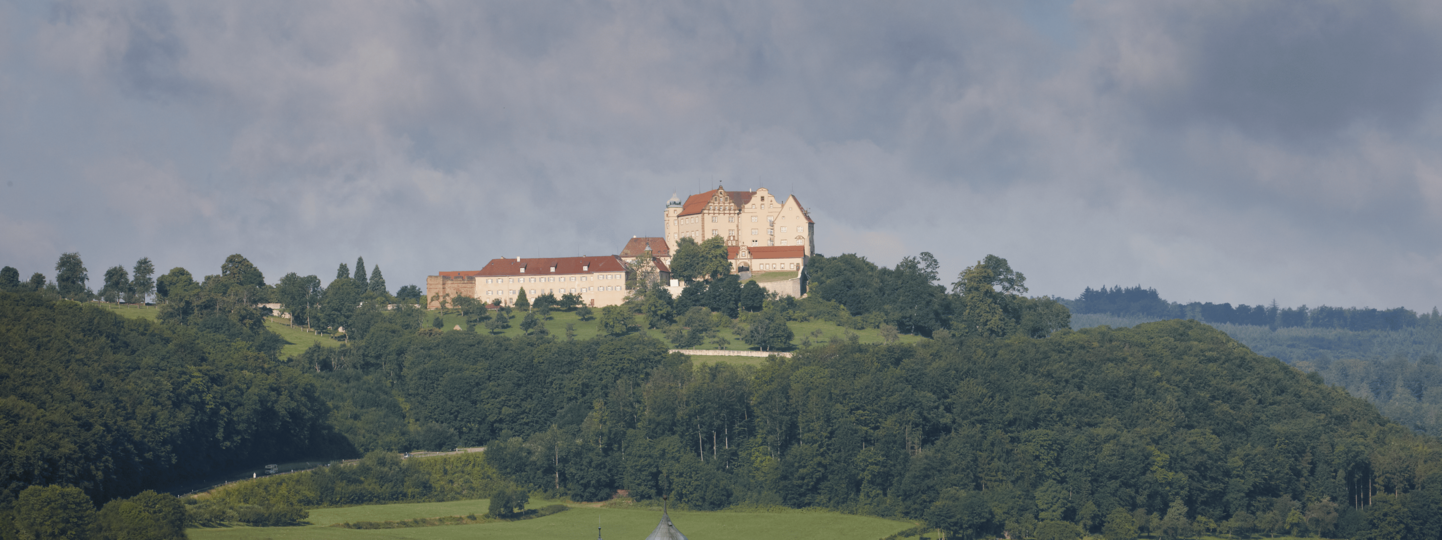 Schloss Kapfenburg Gesamtansicht auf bewaldetem Berg